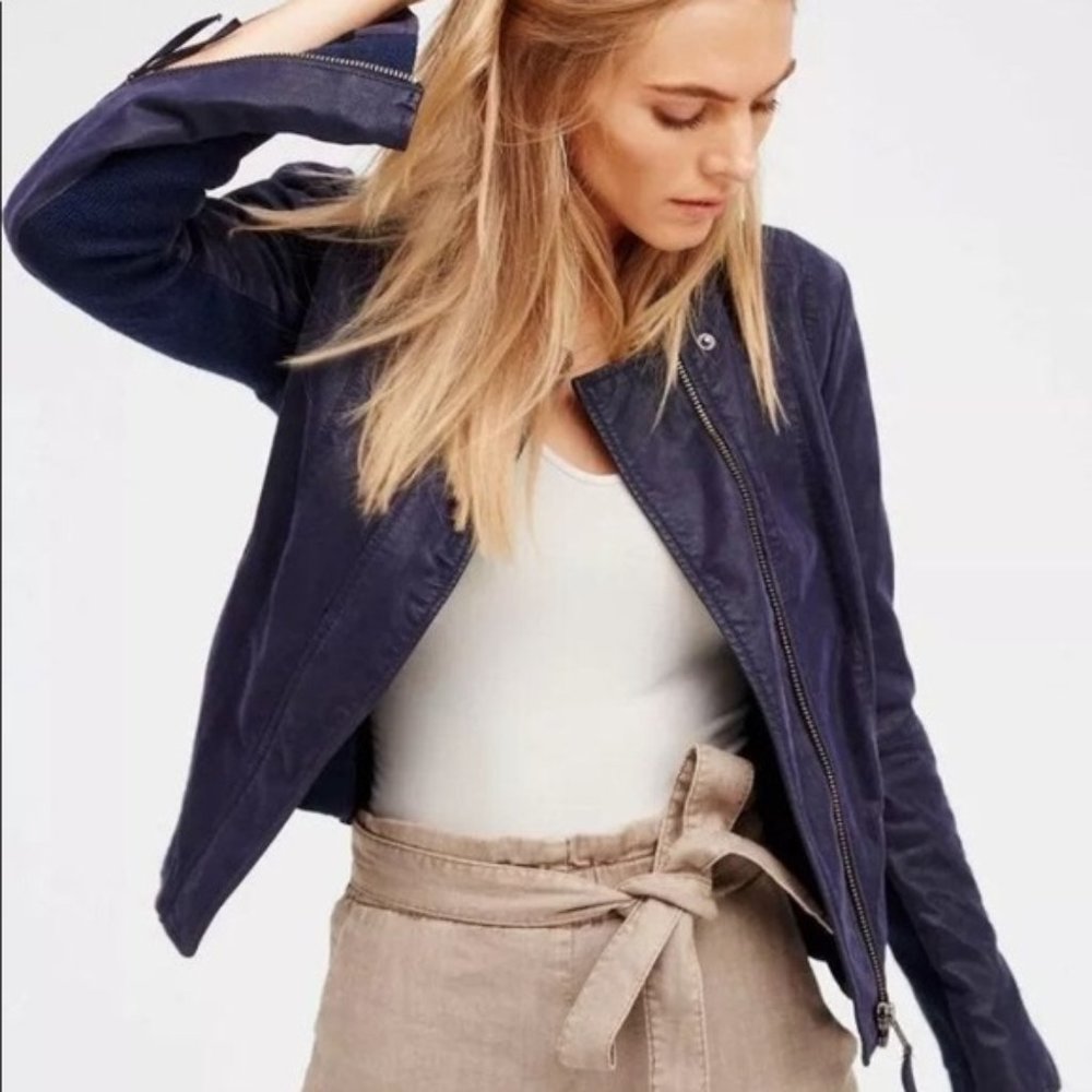 Free People Blue Navy Cool & Clean Motorcycle Jacket Size 10 runs like size M